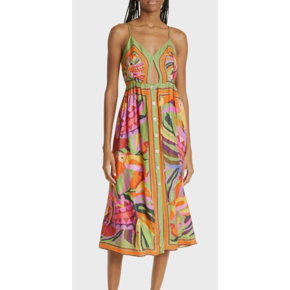 Farm Rio NEW Toucans Scarf Midi Dress with Front Cut Out, Med